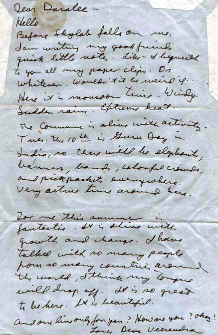 Deva Veerendra's letter from 			Pune, India